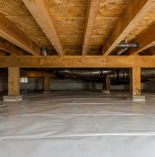 Crawl space inspection with vapor barrier and supports