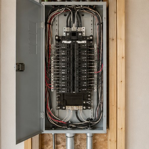 Open electrical panel inspection checking breakers and wiring