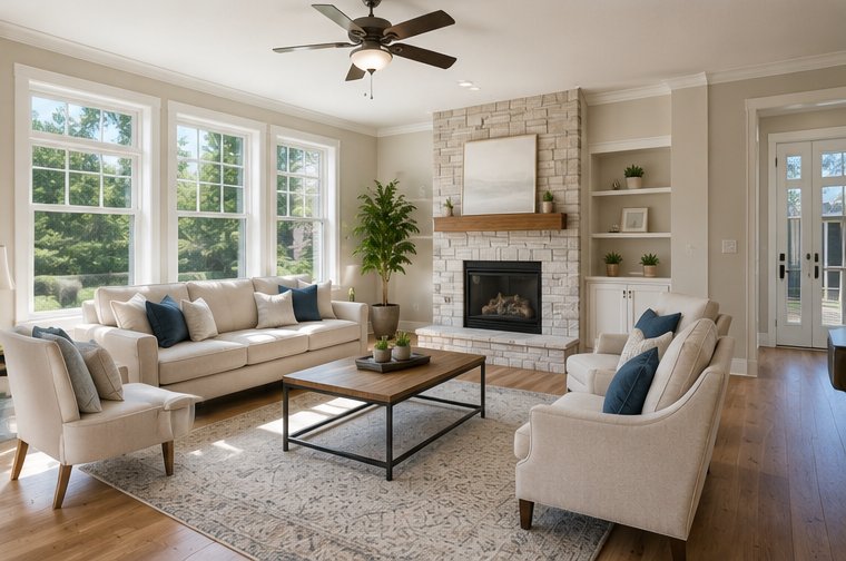 Bright living room interior during a home inspection